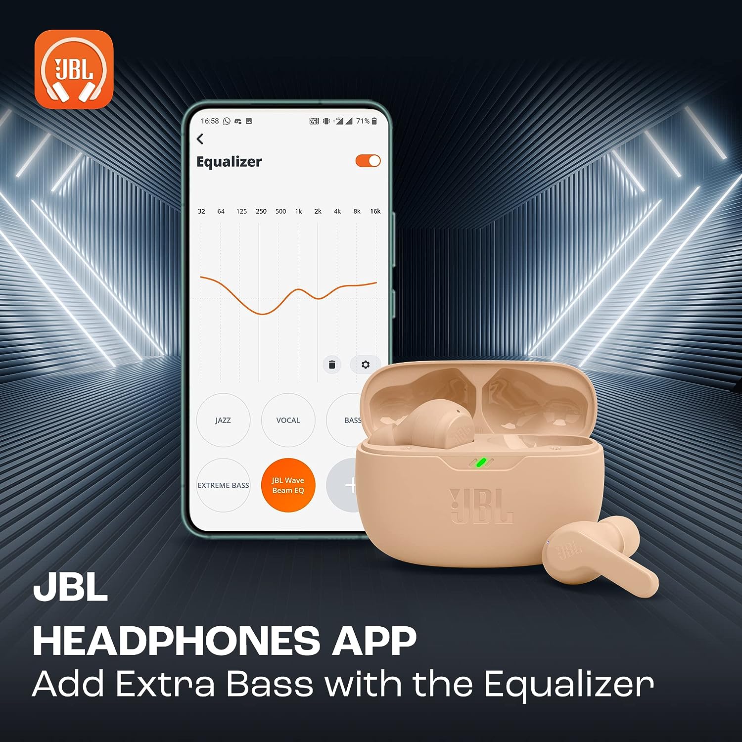 JBL Wave Beam (TWS) for Extra FastPair Battery & Aware Resistance, Hours Dust App Quick and Google Mic, EQ, Customized IP54 Earbuds Charge, (Beige) Bass Talk-Thru, Water & with – 32 Ambient in-Ear